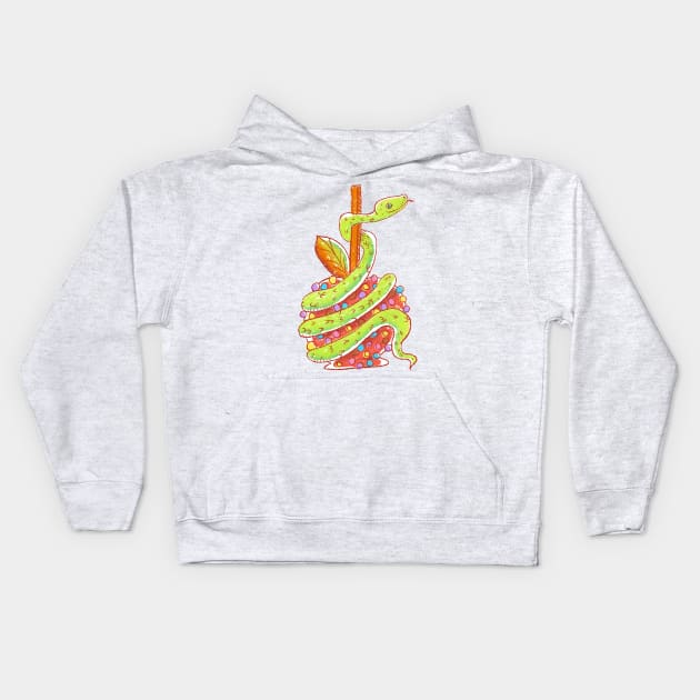 Green Snake on a Red Candy Apple Kids Hoodie by narwhalwall